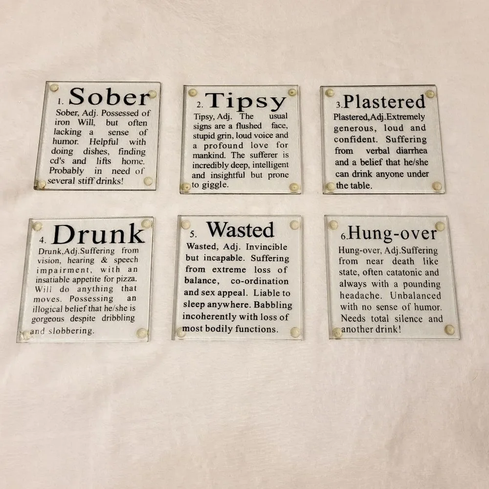 Novelty Drunk Definitions Glass Drink Coasters 6 Piece Set How Drunk Are You?
